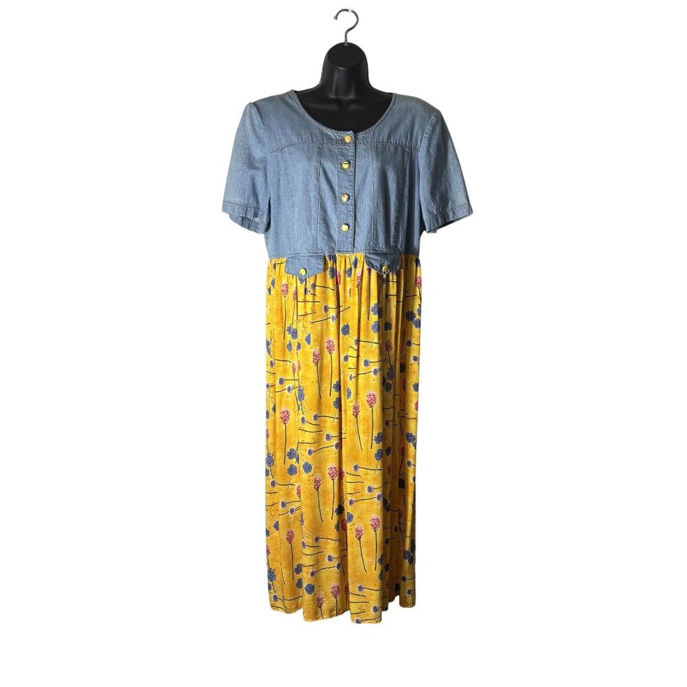 Vintage Karlie Collection Denim & Floral Midi Dress Size 14 Yellow & Blue - Picture 1 of 11